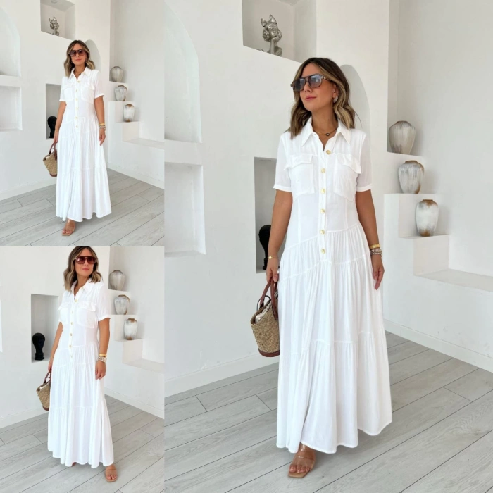 Kadın Dokuma Kumaş Cep Detaylı Maxi Boy Gömlek Elbise