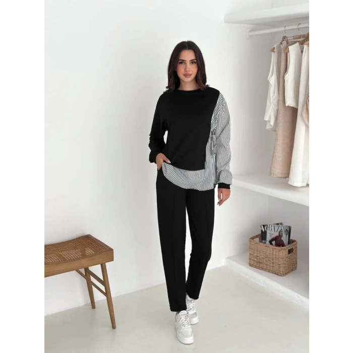 Kadın Gömlek Detay çizgili Yandan Bağlamalı Ikili Takım