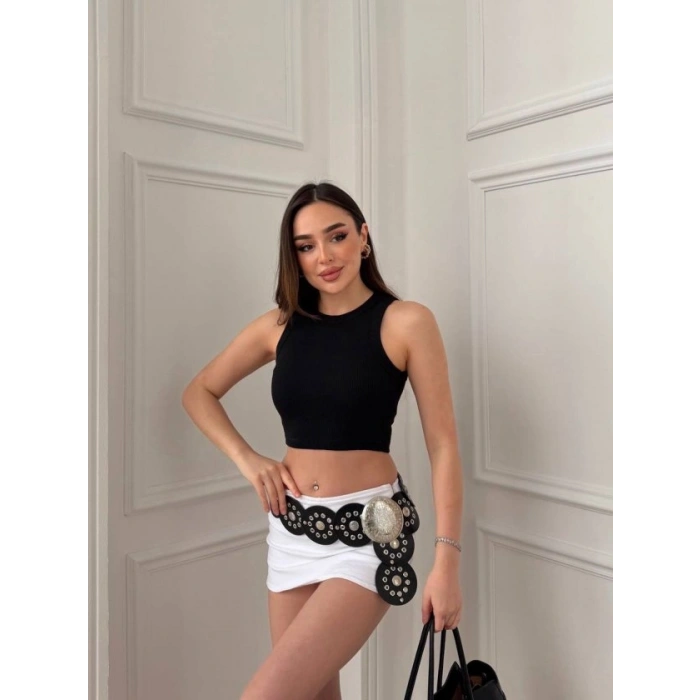 Kadın Halter Yaka Fitilli Esnek Crop Atlet