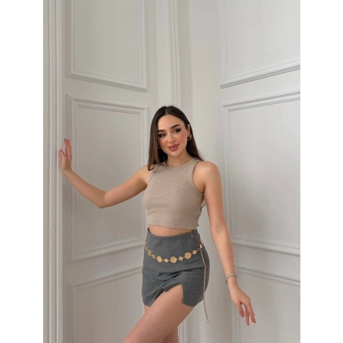 Kadın Halter Yaka Fitilli Esnek Crop Atlet