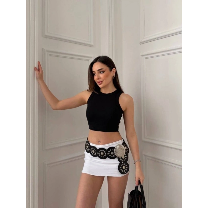 Kadın Halter Yaka Fitilli Esnek Crop Atlet