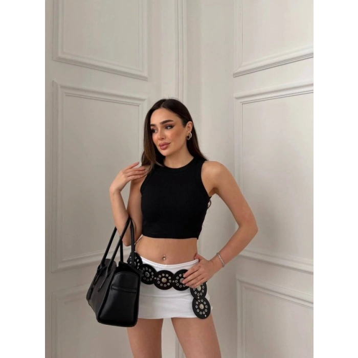 Kadın Halter Yaka Fitilli Esnek Crop Atlet