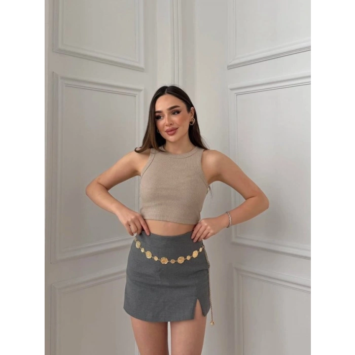 Kadın Halter Yaka Fitilli Esnek Crop Atlet