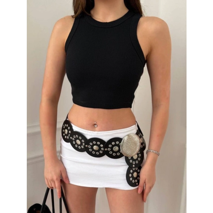 Kadın Halter Yaka Fitilli Esnek Crop Atlet