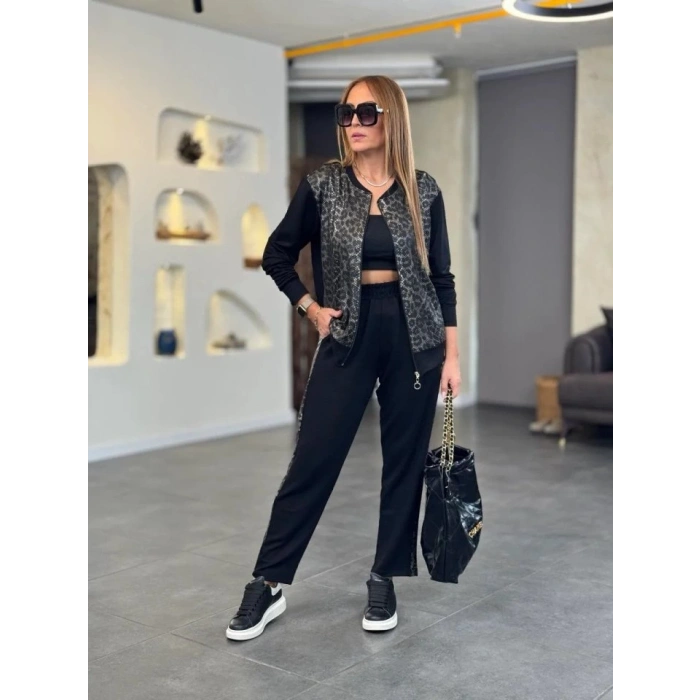 Kadın İki İplik Kumaş Yılan Desenli Fermuarlı İkili Takım