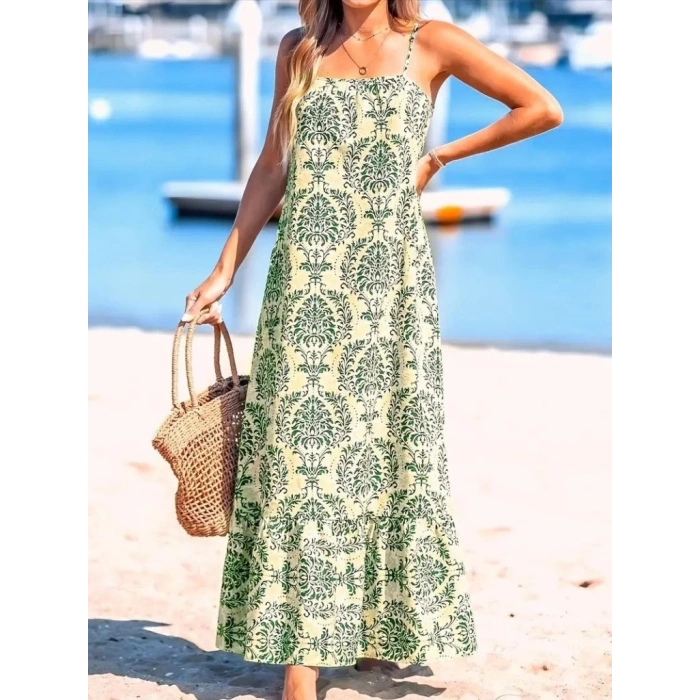 Kadın Ip Askılı Desenli Fırfırlı Süprem Elbise