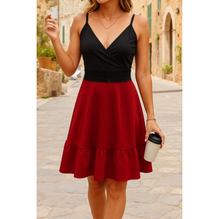 Kadın Ip Askılı Kruvaze Yaka Bel Dantel Ithal Krep Elbise