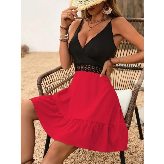 Kadın Ip Askılı Kruvaze Yaka Bel Dantel Ithal Krep Elbise