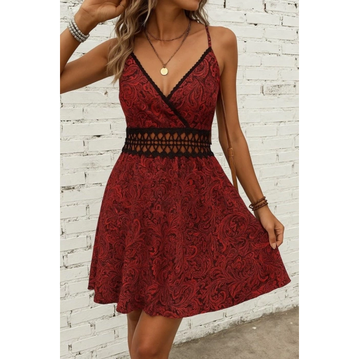 Kadın Ip Askılı Kruvaze Yakalı Desenli Mini Süprem Mini Elbise