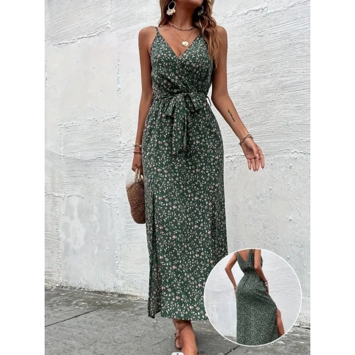 Kadın Ip Askılı Kruvaze Yakalı Yırtmaçlı Uzun Desenli Kuşaklı Süprem Elbise