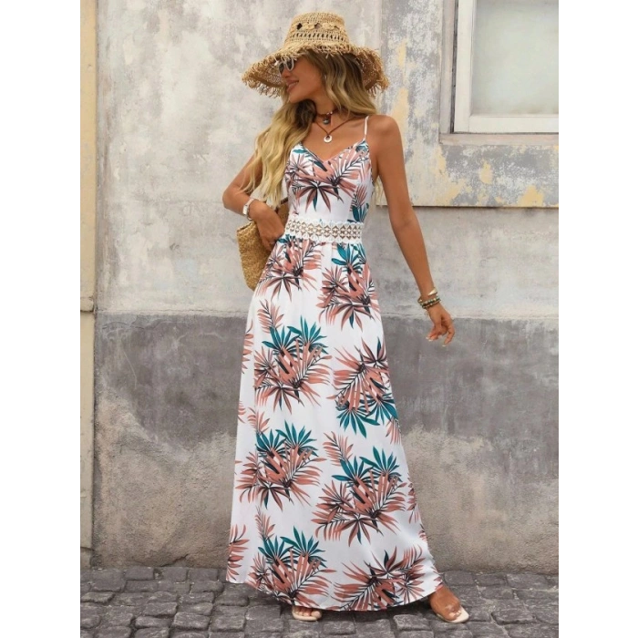 Kadın Ip Askılı V Yakalı Beli Dantelli Uzun Süprem Elbise