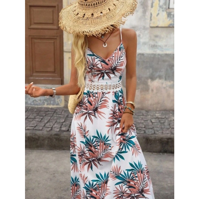 Kadın Ip Askılı V Yakalı Beli Dantelli Uzun Süprem Elbise