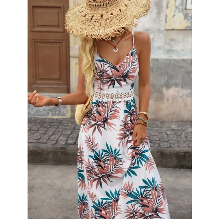 Kadın Ip Askılı V Yakalı Beli Dantelli Uzun Süprem Elbise