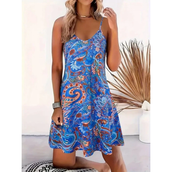 Kadın Ip Askılı V Yakalı Desenli Kısa Süprem Mini Elbise