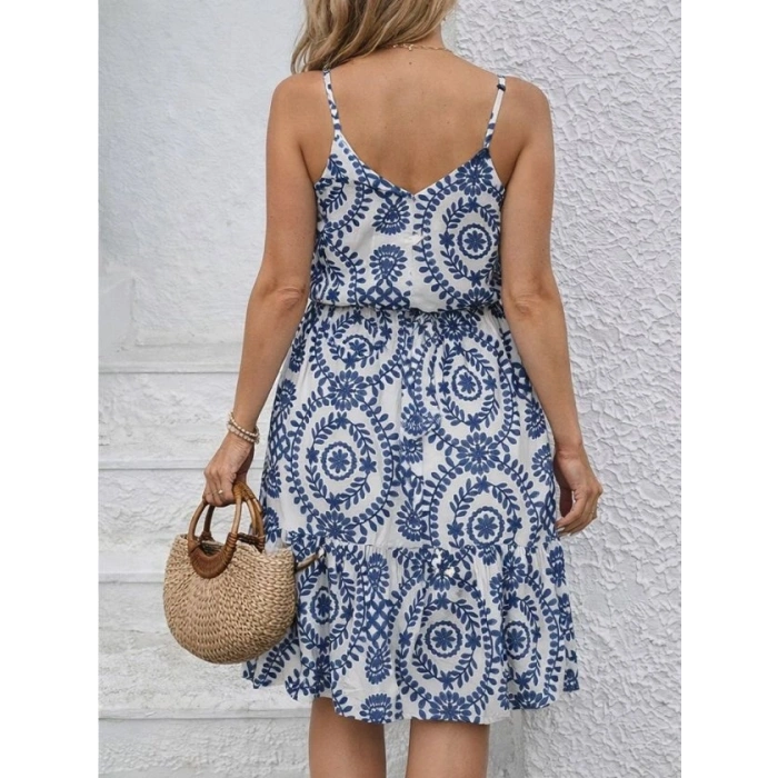 Kadın Ip Askılı V Yakalı Düğmeli Desenli Kısa Süprem Elbise