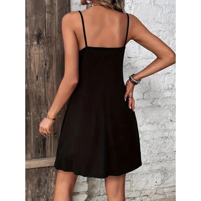 Kadın Ip Askılı V Yakalı Kısa Viskon Elbise