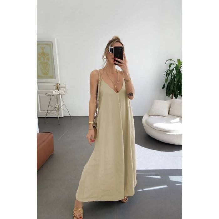 Kadın Ip Askılı V Yakalı Uzun Aerobin Elbise