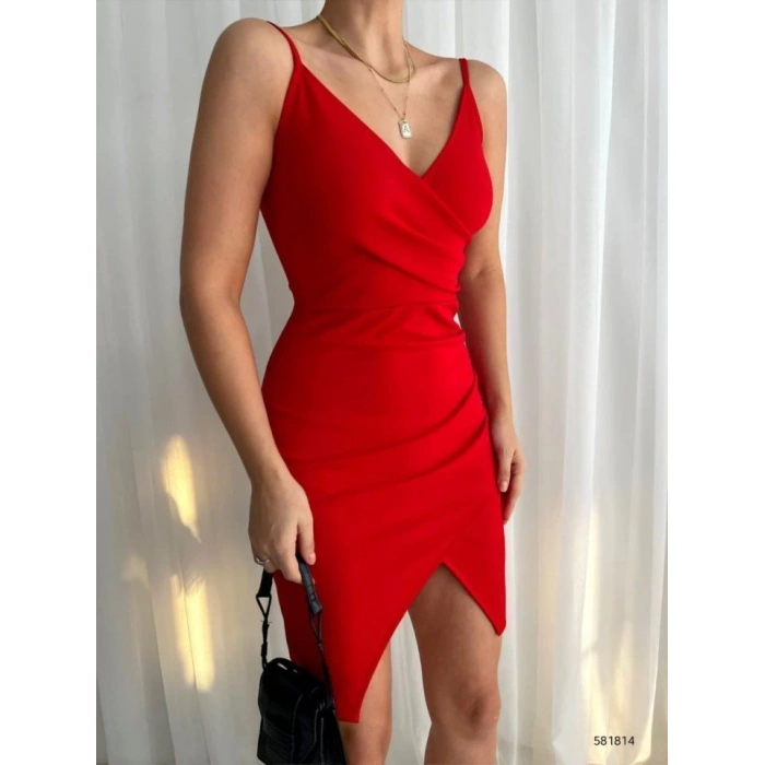 Kadın İp Askılı Yırtmaçlı Büzgülü Elbise