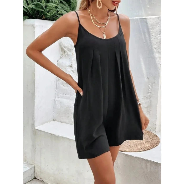 Kadın Ip Askılı Yuvarlak Yakalı Pileli Viskon Tulum