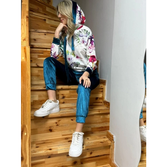 Kadın Kadife Kumaş Uzun Kollu Kapüşon Detay çiçek Baskılı Sweat Ve Pantolon Ikili Takım