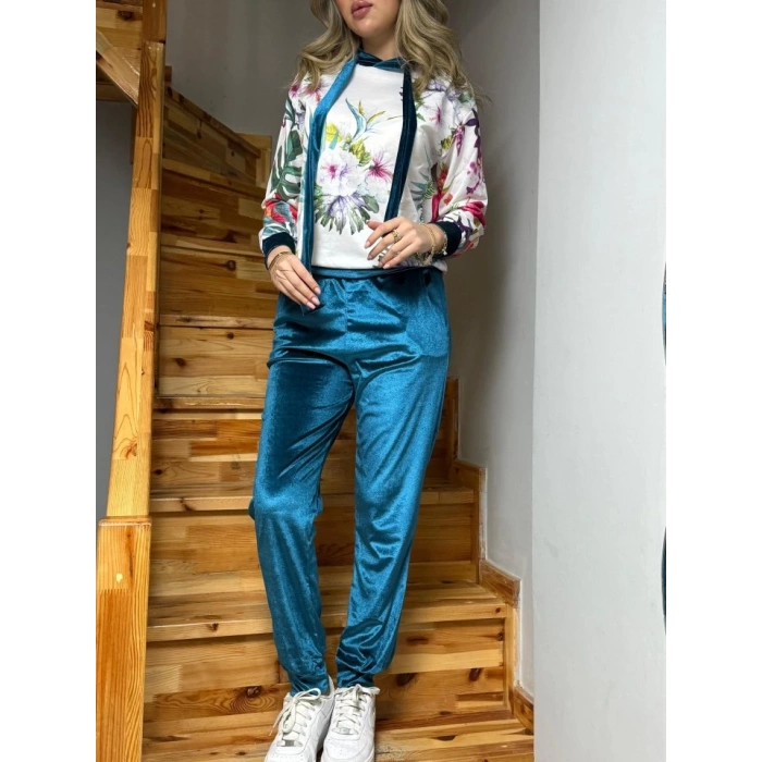 Kadın Kadife Kumaş Uzun Kollu Kapüşon Detay çiçek Baskılı Sweat Ve Pantolon Ikili Takım
