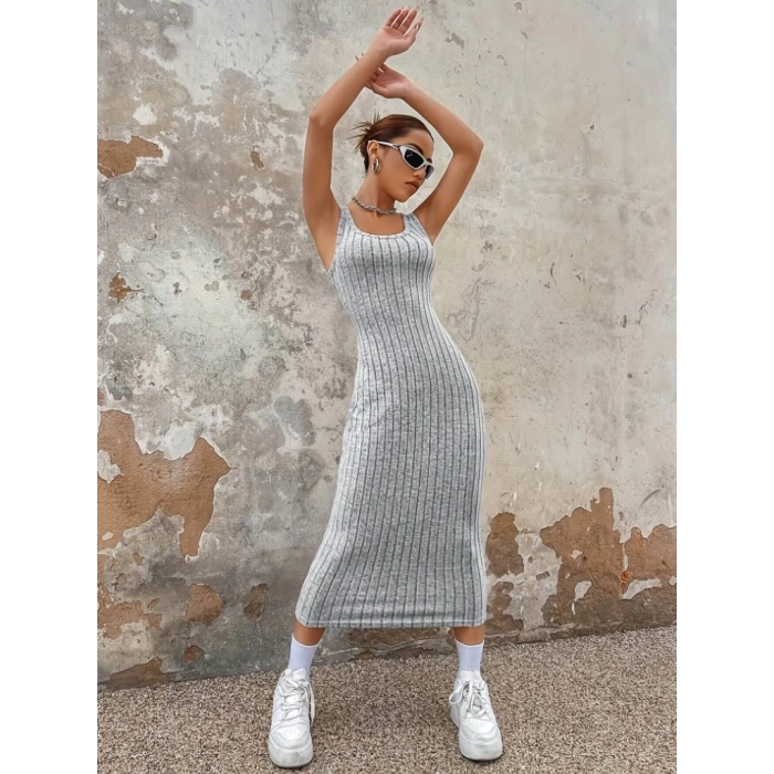 Kadın Kalın Askılı Kare Yaka Fitilli Kaşkorse Midi Boy Elbise