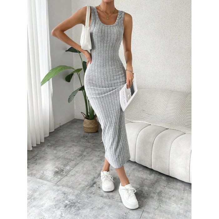 Kadın Kalın Askılı Kare Yaka Fitilli Kaşkorse Midi Boy Elbise