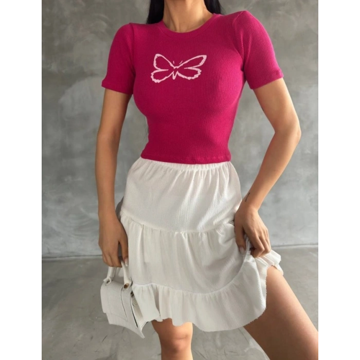 Kadın Kelebek Desenli Bisiklet Yaka Fit Bluz