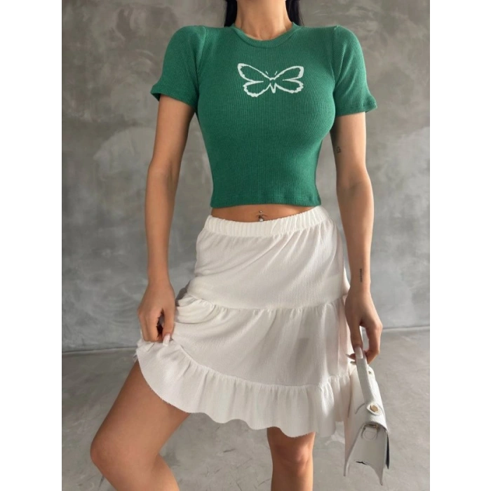 Kadın Kelebek Desenli Bisiklet Yaka Fit Bluz