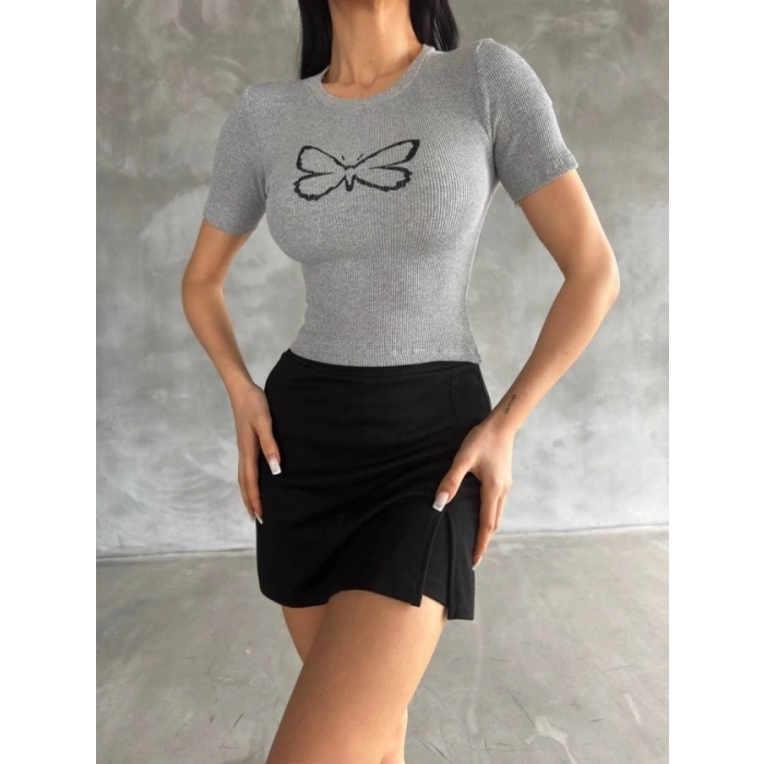 Kadın Kelebek Desenli Bisiklet Yaka Fit Bluz