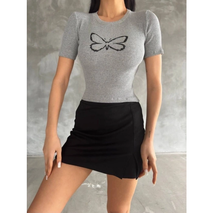 Kadın Kelebek Desenli Bisiklet Yaka Fit Bluz