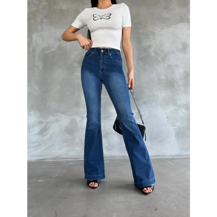 Kadın Kelebek Desenli Bisiklet Yaka Fit Bluz