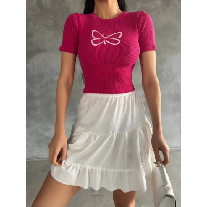 Kadın Kelebek Desenli Bisiklet Yaka Fit Bluz