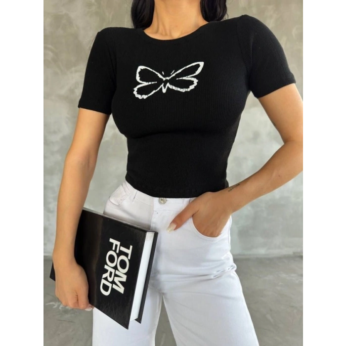 Kadın Kelebek Desenli Bisiklet Yaka Fit Bluz