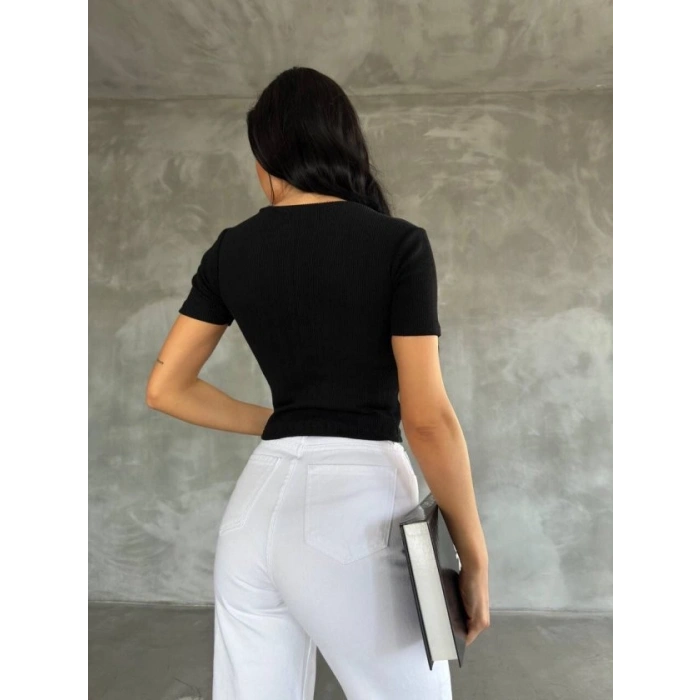 Kadın Kelebek Desenli Bisiklet Yaka Fit Bluz