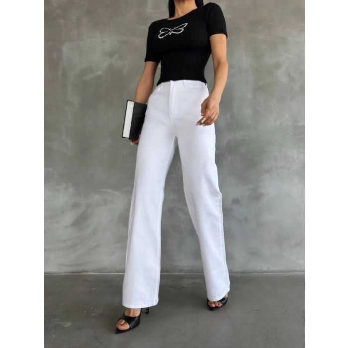 Kadın Kelebek Desenli Bisiklet Yaka Fit Bluz