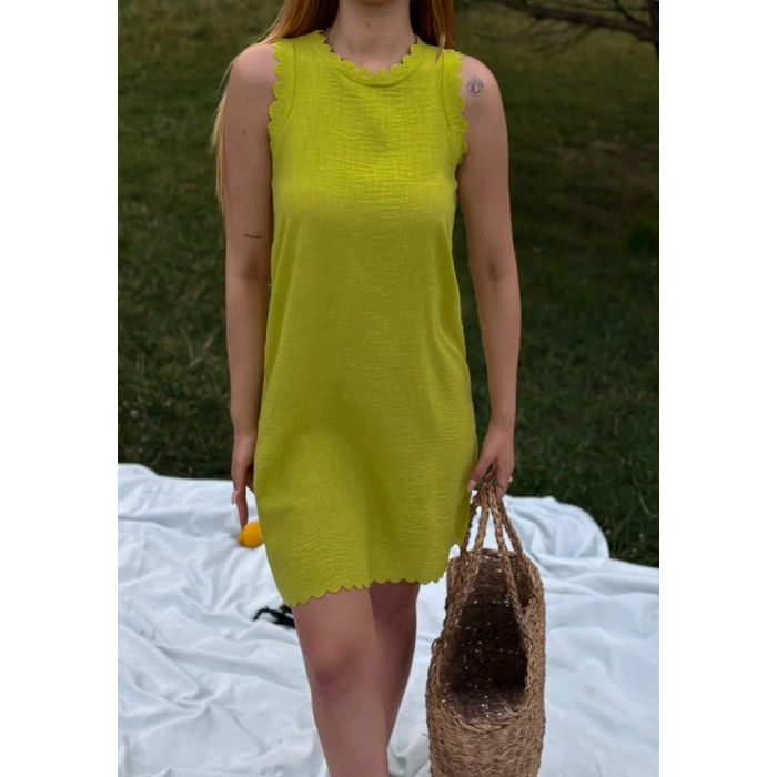 Kadın Keten Kumaş Kolsuz Mini Boy Elbise