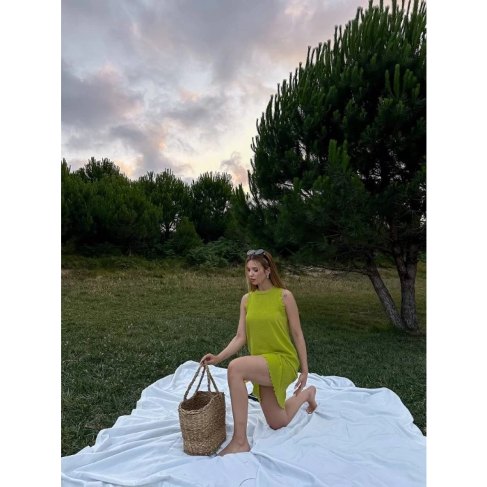 Kadın Keten Kumaş Kolsuz Mini Boy Elbise