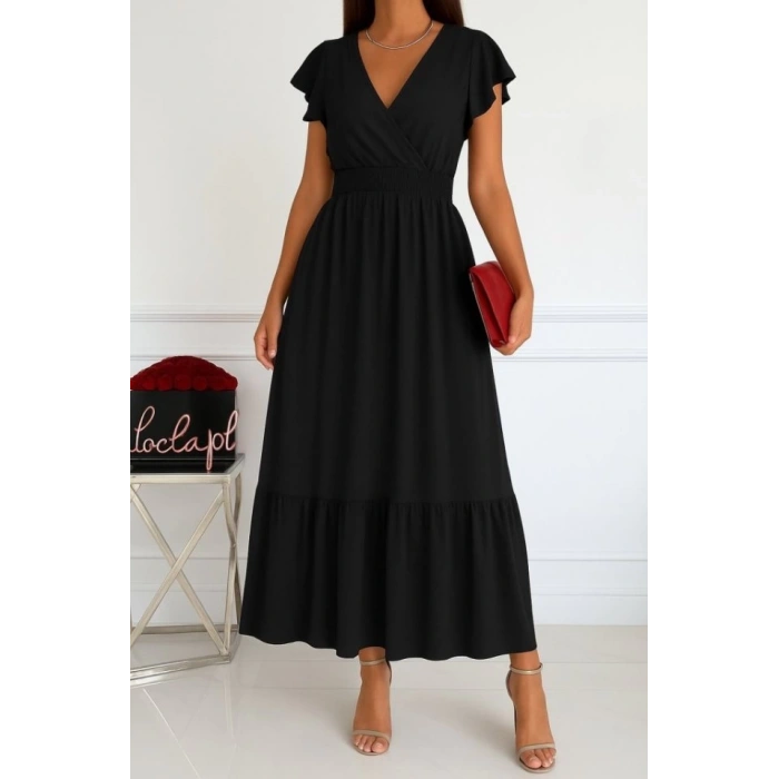 Kadın Kısa Kelebek Kollu Kruvaze Yakalı Beli Lastikli Aerobin Elbise