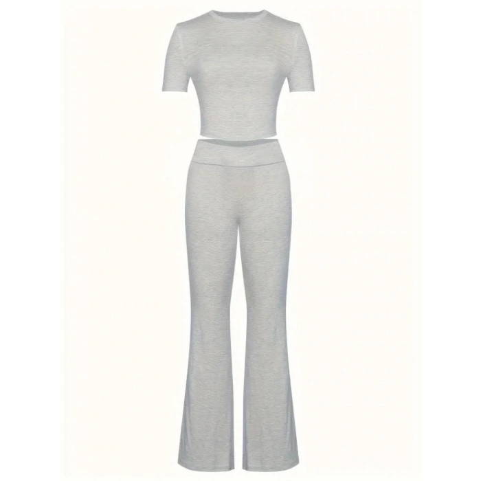 Kadın Kısa Kollu Bisiklet Yaka Alt Ispanyol Paça Viskon Ikili Takım