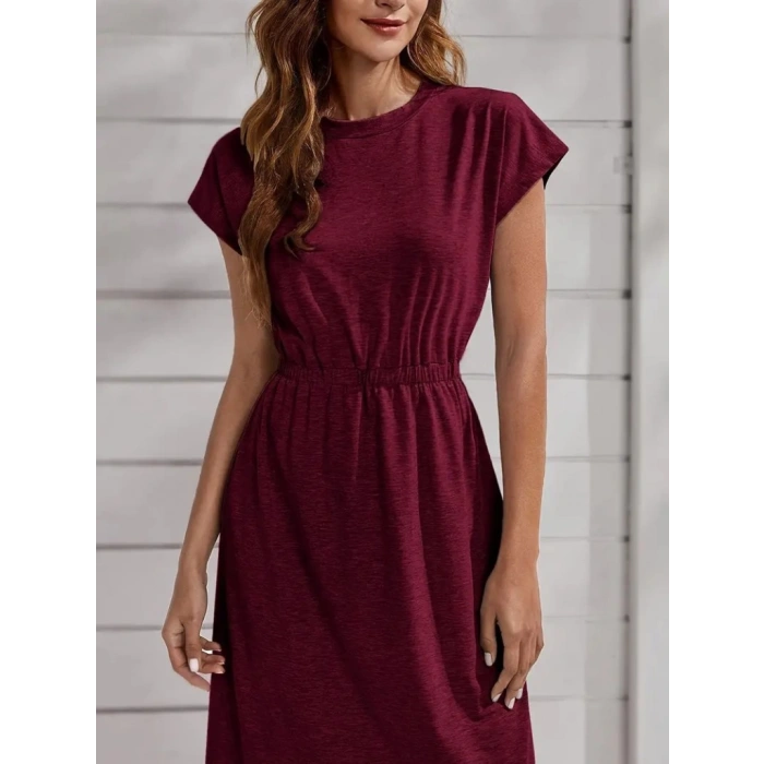 Kadın Kısa Kollu Bisiklet Yaka Belden Lastikli Midi Viskon Elbise