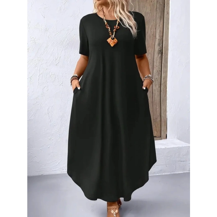 Kadın Kısa Kollu Bisiklet Yaka Cepli Salaş Viskon Elbise