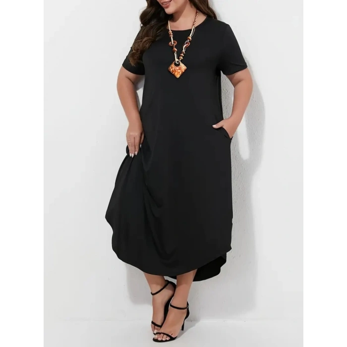 Kadın Kısa Kollu Bisiklet Yaka Cepli Salaş Viskon Elbise