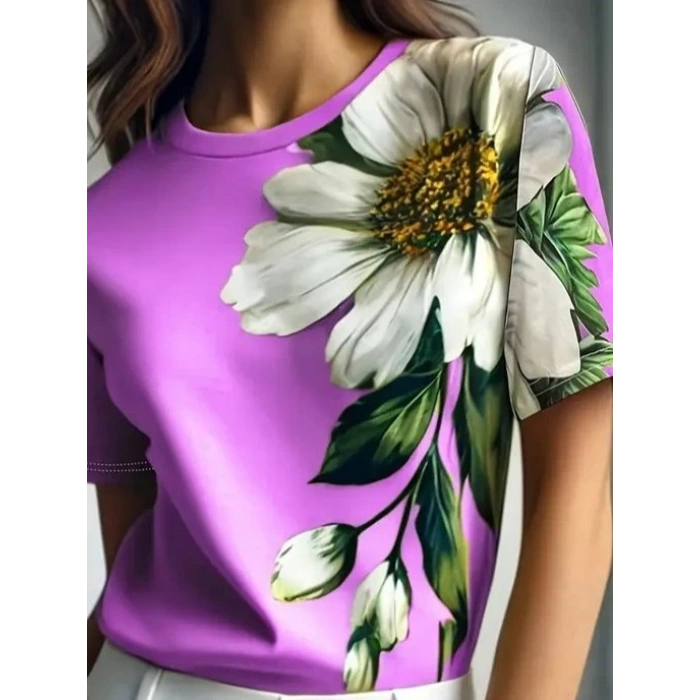 Kadın Kısa Kollu Bisiklet Yaka çiçek Baskılı Süprem Bluz