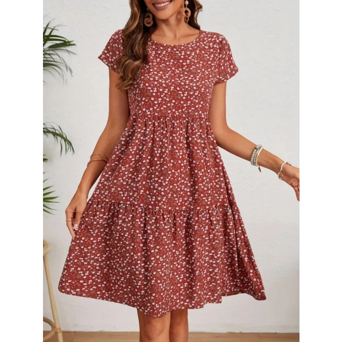 Kadın Kısa Kollu Bisiklet Yaka çiçek Desenli Süprem Elbise