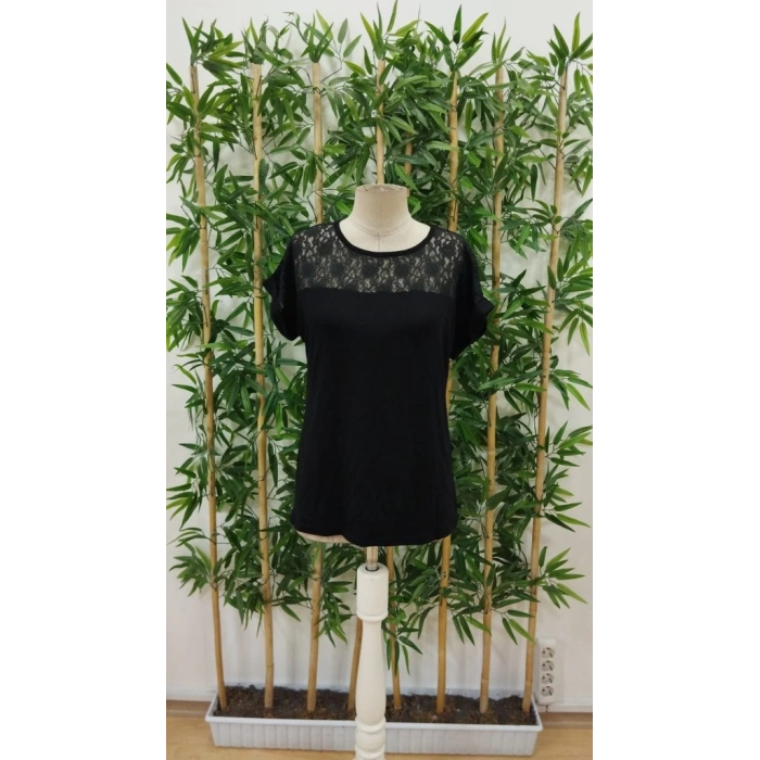 Kadın Kısa Kollu Bisiklet Yaka Dantel Detaylı Viskon Bluz