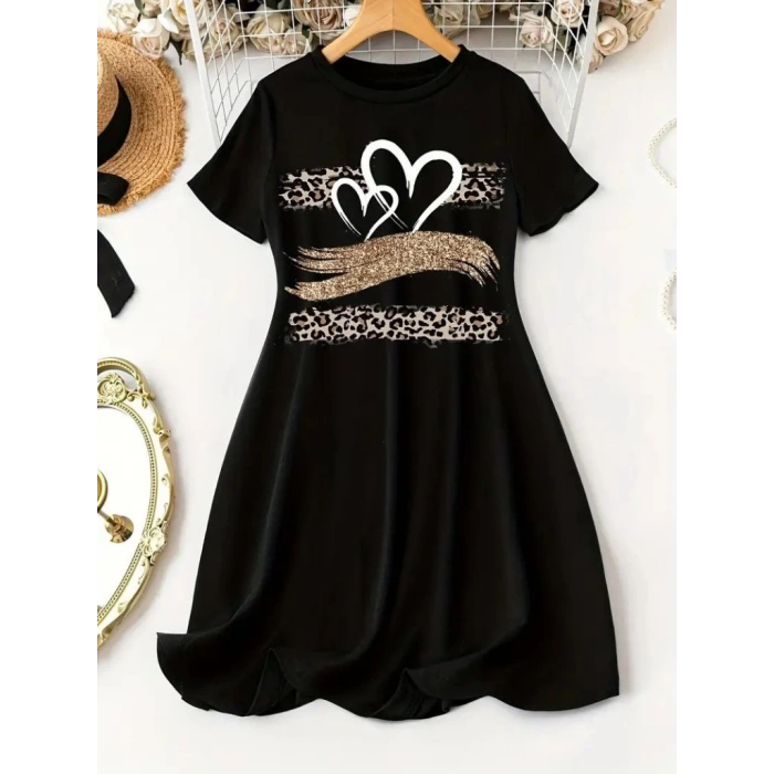 Kadın Kısa Kollu Bisiklet Yaka Desenli Viskon Elbise