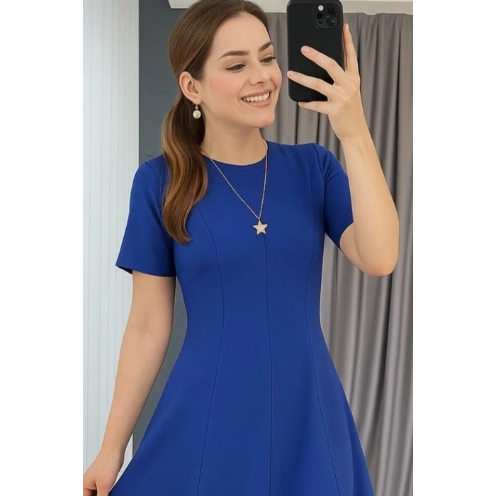 Kadın Kısa Kollu Bisiklet Yaka Maksi Boy Ithal Krep Elbise