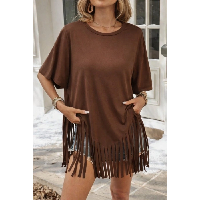 Kadın Kısa Kollu Bisiklet Yaka Püsküllü Viskon Bluz