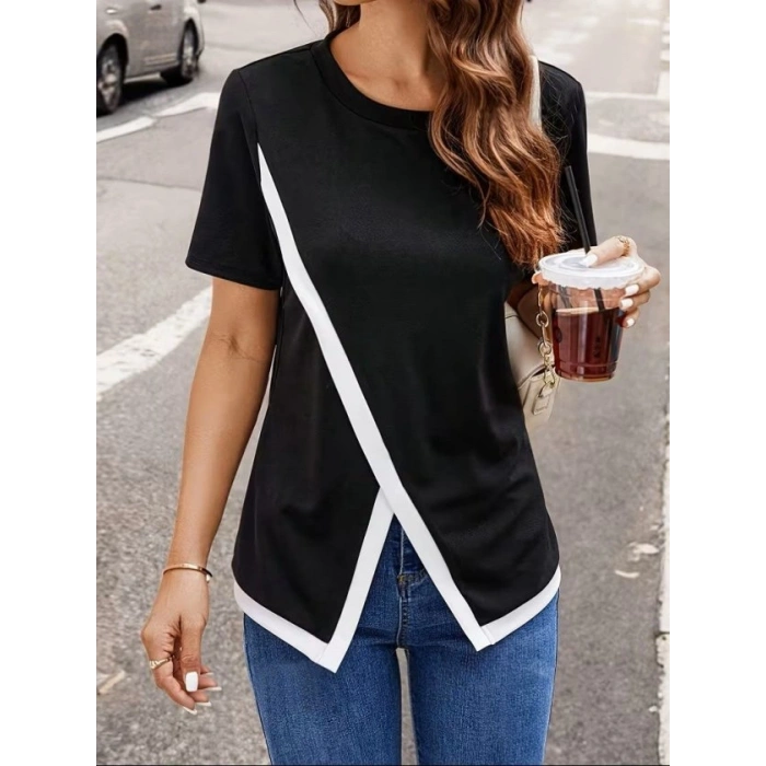 Kadın Kısa Kollu Bisiklet Yaka Viskon Bluz